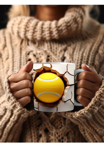Tenis Topu Çatlak Duvar Temalı 3 Boyutlu Tasarım Seramik Kupa Mug - Hediyelik Kupa indirimleri