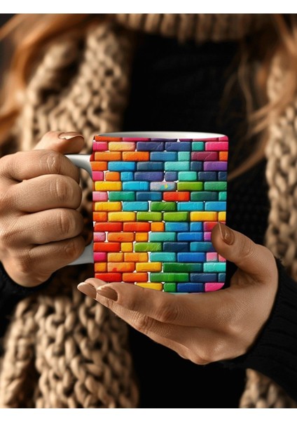 Renkli Taş Duvar Şeklinde 3 Boyutlu Tasarım Seramik Kupa Mug - Hediyelik Kupa Bardak