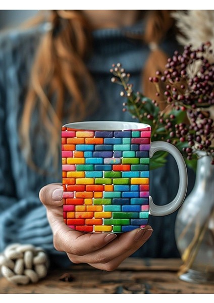 Renkli Taş Duvar Şeklinde 3 Boyutlu Tasarım Seramik Kupa Mug - Hediyelik Kupa Bardak