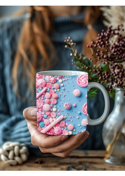 Şekerler İle Kaplı 3 Boyutlu Tasarım Seramik Kupa Mug - Hediyelik Kupa Bardak