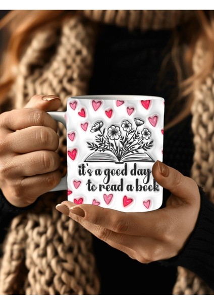 Kitap ve Kalp Baskılı 3D Tasarım Seramik Kupa Mug - Hediyelik Kupa Bardak