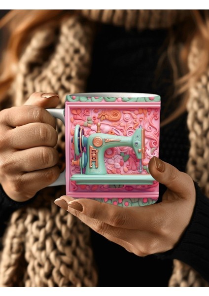 Dikiş Makinası Baskılı 3D Tasarım Seramik Kupa Mug - Hediyelik Kupa Bardak