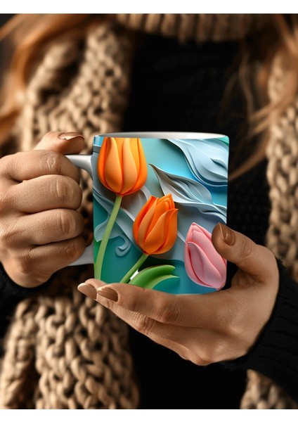 Lale Temalı 3 Boyutlu Tasarım Seramik Kupa Mug - Hediyelik Kupa Bardak