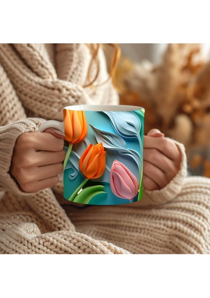 Lale Temalı 3 Boyutlu Tasarım Seramik Kupa Mug - Hediyelik Kupa Bardak modelleri