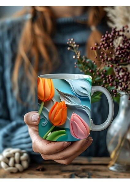 Lale Temalı 3 Boyutlu Tasarım Seramik Kupa Mug - Hediyelik Kupa Bardak fırsatları