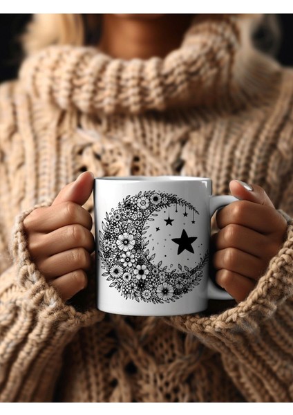 Ay Yıldız - Hilal Yıldız Şeklinde Özel Tasarım Seramik Kupa Mug - Hediyelik Kupa Bardak