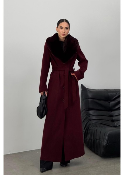 Çıkabilen Kürklü Erkek Yaka Belden Kuşaklı Manto A.mürdüm 3015-Y