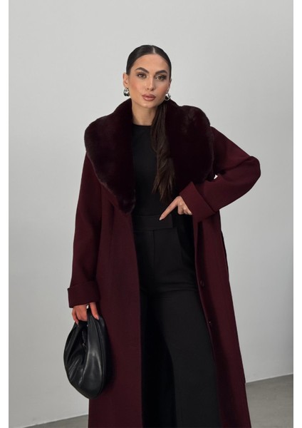 Çıkabilen Kürklü Erkek Yaka Belden Kuşaklı Manto A.mürdüm 3015-Y modelleri