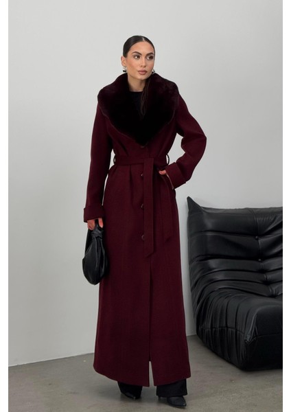 Çıkabilen Kürklü Erkek Yaka Belden Kuşaklı Manto A.mürdüm 3015-Y fırsatları