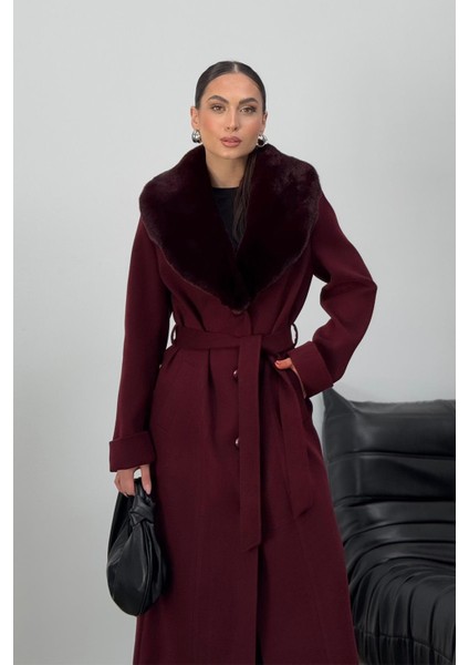 Çıkabilen Kürklü Erkek Yaka Belden Kuşaklı Manto A.mürdüm 3015-Y indirimleri