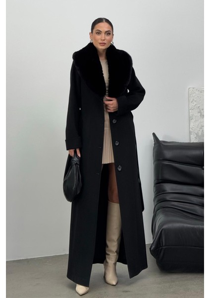 Çıkabilen Kürklü Erkek Yaka Belden Kuşaklı Manto Siyah 3015-Y