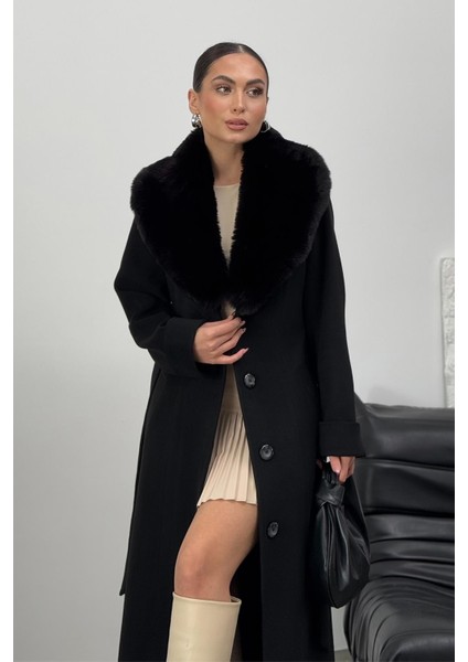 Çıkabilen Kürklü Erkek Yaka Belden Kuşaklı Manto Siyah 3015-Y fiyatları