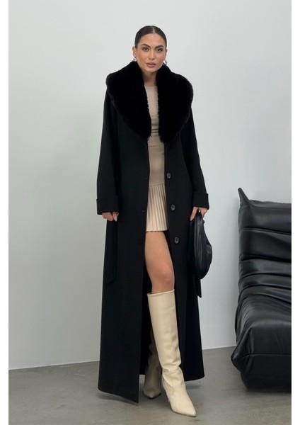 Çıkabilen Kürklü Erkek Yaka Belden Kuşaklı Manto Siyah 3015-Y modelleri