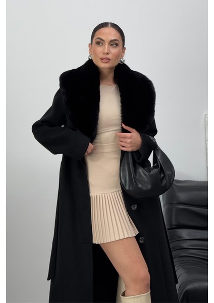 Çıkabilen Kürklü Erkek Yaka Belden Kuşaklı Manto Siyah 3015-Y fırsatları