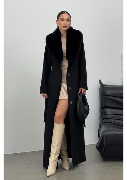 Çıkabilen Kürklü Erkek Yaka Belden Kuşaklı Manto Siyah 3015-Y indirimleri