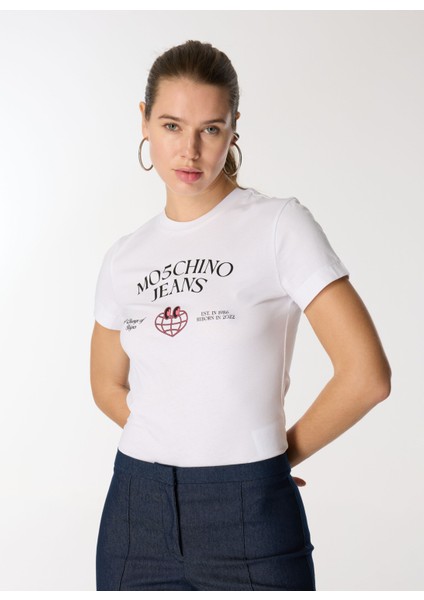 Yuvarlak Yaka Baskılı Beyaz Kadın T-Shirt A0703-1001