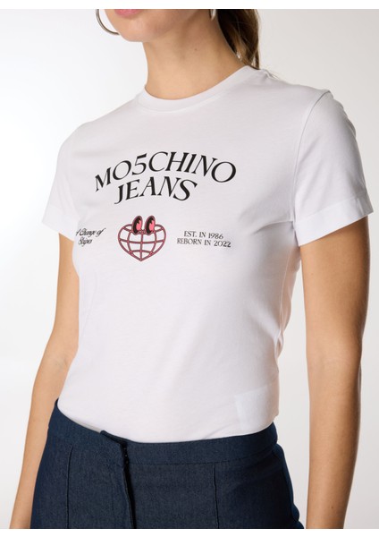 Yuvarlak Yaka Baskılı Beyaz Kadın T-Shirt A0703-1001
