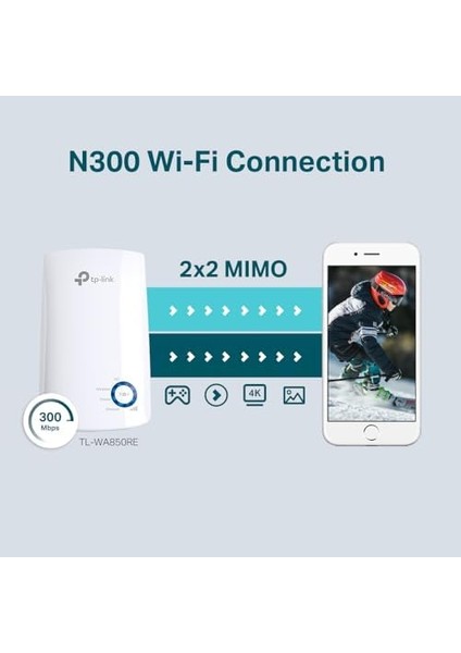 TL-WA850RE, N300 Mbps, 1 Ethernet Bağlantı Noktalı Wi-Fi Güçlendirici/hotspot, Access Point Modu, Tüm Wi-Fi Yönlendiriciler ile Çalışır, Wi-Fi 4 Menzil Genişletici
