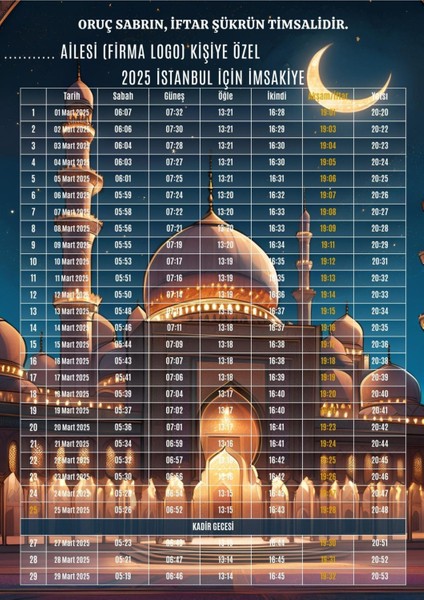 Ramazan Imsakiyesi Modern Kişiye Özel Tasarımlı Dijital Baskı 1 Adet A4 300 gr Model 9
