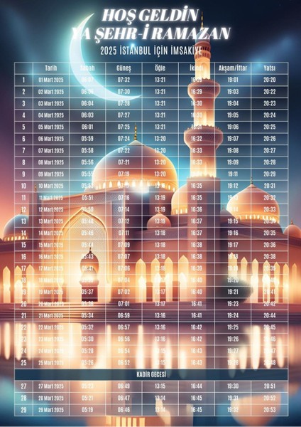 Ramazan Imsakiyesi Modern Kişiye Özel Tasarımlı Dijital Baskı 1 Adet A4 300 gr Model 13
