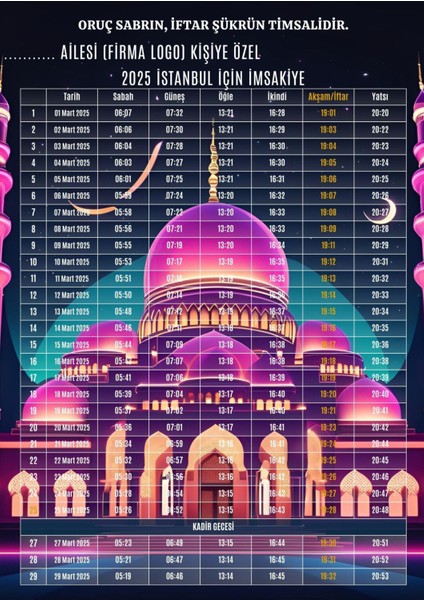 Ramazan Imsakiyesi Modern Kişiye Özel Tasarımlı Dijital Baskı 1 Adet A4 300 gr Model 7