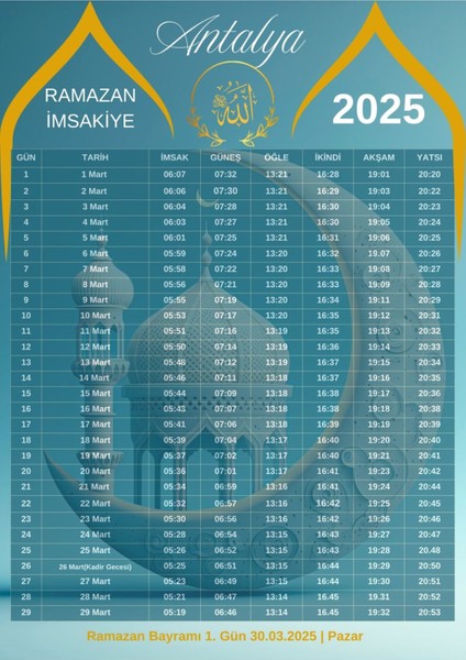 Ramazan Imsakiyesi Modern Kişiye Özel Tasarımlı Dijital Baskı 1 Adet A4 300 gr Model 32