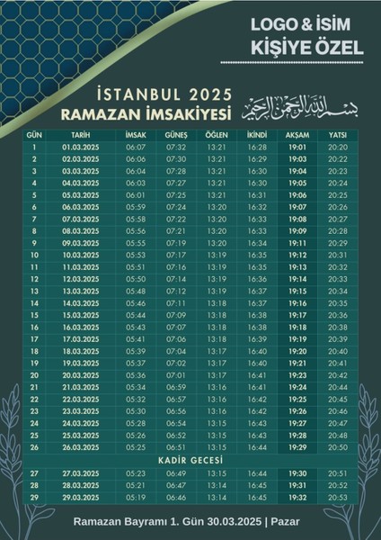 Ramazan Imsakiyesi Modern Kişiye Özel Tasarımlı Dijital Baskı 1 Adet A4 300 gr Model 29