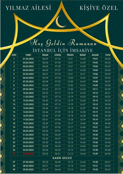 Ramazan Imsakiyesi Modern Kişiye Özel Tasarımlı Dijital Baskı 6 Adet A4 300 gr Model 27