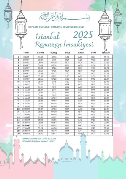 Ramazan Imsakiyesi Modern Kişiye Özel Tasarımlı Dijital Baskı 6 Adet A4 300 gr Model 42