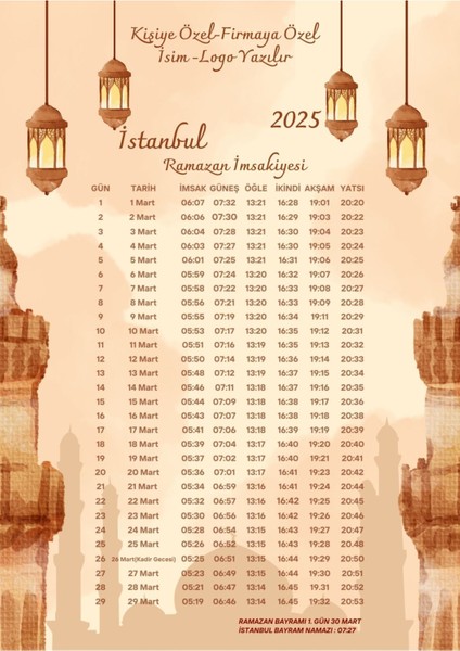 Ramazan Imsakiyesi Modern Kişiye Özel Tasarımlı Dijital Baskı 6 Adet A4 300 gr Model 45