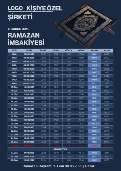 Ramazan Imsakiyesi Modern Kişiye Özel Tasarımlı Dijital Baskı 6 Adet A4 300 gr Model 30