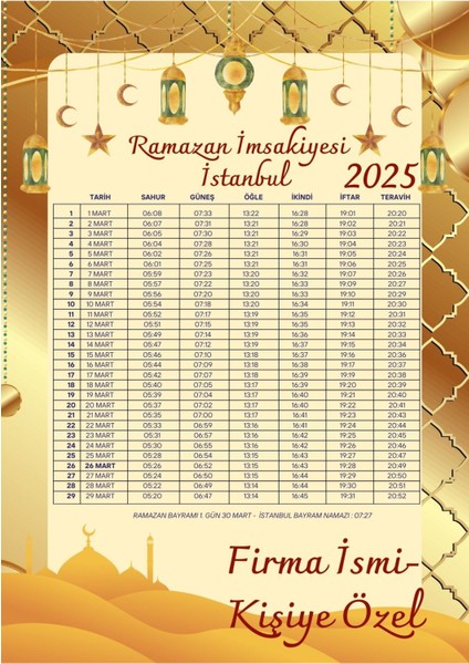 Ramazan Imsakiyesi Modern Kişiye Özel Tasarımlı Dijital Baskı 10 Adet A4 300 gr Model 37