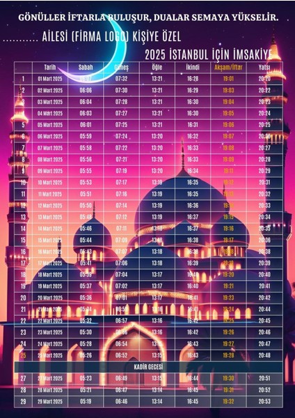 Ramazan Imsakiyesi Modern Kişiye Özel Tasarımlı Dijital Baskı 50 Adet A4 300 gr Model 6