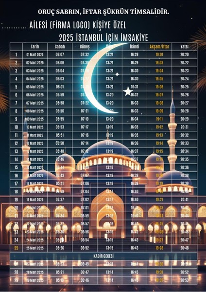 Ramazan Imsakiyesi Modern Kişiye Özel Tasarımlı Dijital Baskı 100 Adet A4 300 gr Model 8