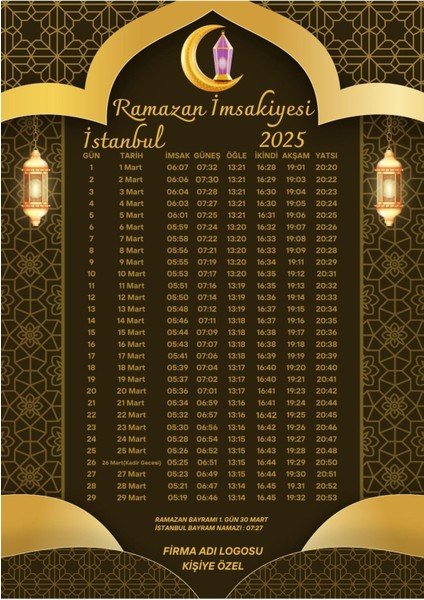 Ramazan Imsakiyesi Modern Kişiye Özel Tasarımlı Dijital Baskı 50 Adet A4 300 gr Model 47