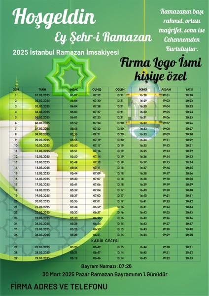 Ramazan Imsakiyesi Modern Kişiye Özel Tasarımlı Dijital Baskı 100 Adet A4 300 gr Model 19