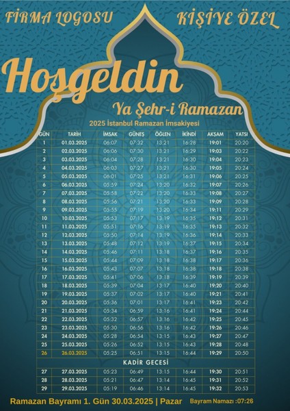 Ramazan Imsakiyesi Modern Kişiye Özel Tasarımlı Dijital Baskı 100 Adet A4 300 gr Model 25