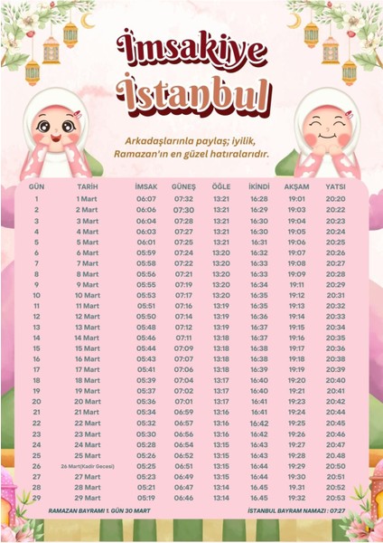 Ramazan Imsakiyesi Modern Kişiye Özel Tasarımlı Dijital Baskı 100 Adet A4 300 gr Model 44