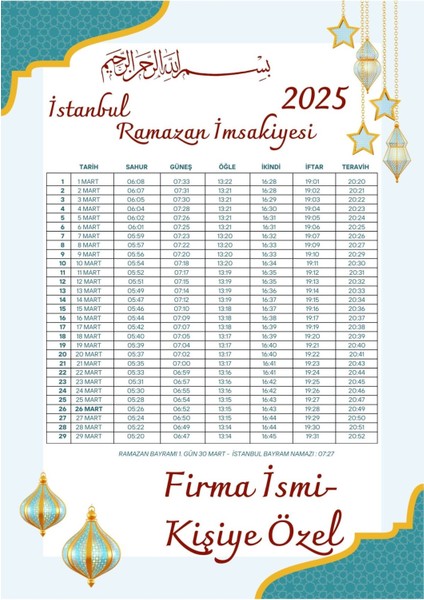 Ramazan Imsakiyesi Modern Kişiye Özel Tasarımlı Dijital Baskı 50 Adet A4 300 gr Model 36