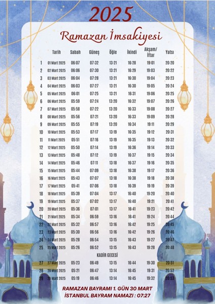 Ramazan Imsakiyesi Modern Kişiye Özel Tasarımlı Dijital Baskı 100 Adet A4 300 gr Model 38
