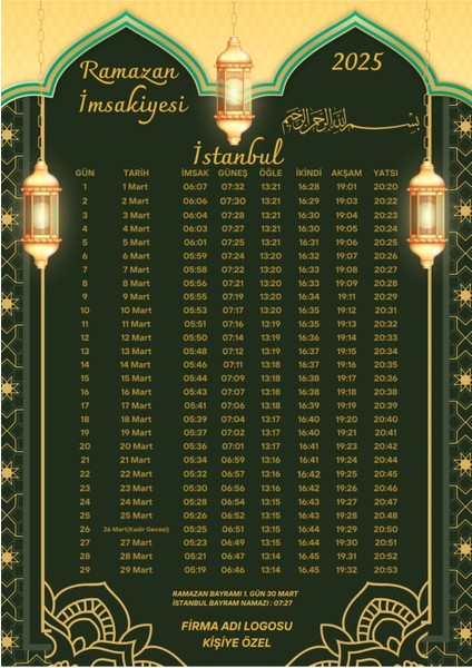 Ramazan Imsakiyesi Modern Kişiye Özel Tasarımlı Dijital Baskı 100 Adet A4 300 gr Model 46