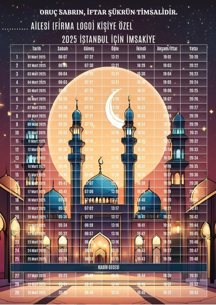 Ramazan Imsakiyesi Modern Kişiye Özel Tasarımlı Dijital Baskı 1000 Adet A4 300 gr Model 10