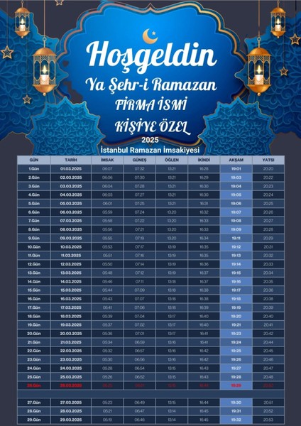 Ramazan Imsakiyesi Modern Kişiye Özel Tasarımlı Dijital Baskı 1000 Adet A4 300 gr Model 24