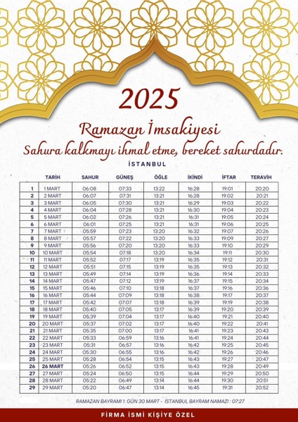 Ramazan Imsakiyesi Modern Kişiye Özel Tasarımlı Dijital Baskı 1000 Adet A4 300 gr Model 39