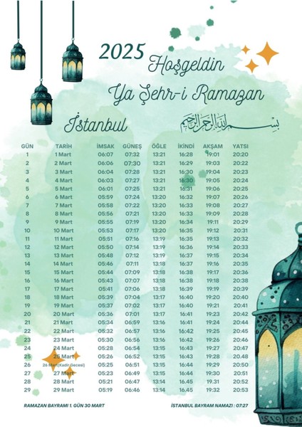 Ramazan Imsakiyesi Modern Kişiye Özel Tasarımlı Dijital Baskı 1000 Adet A4 300 gr Model 43