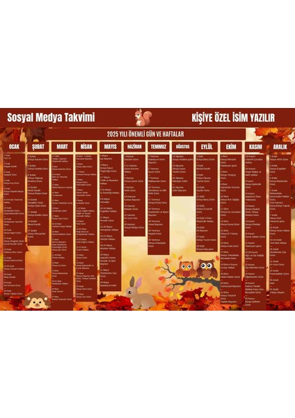 2025 Kişiye Özel Sosyal Medya Takvimi - Özel Günlerle Dolu Eğlenceli Duvar Afişi Sonbahar