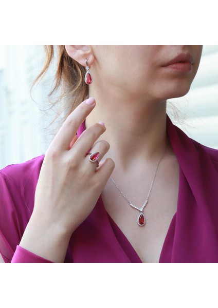 Lal Taşlı Damla Model Gümüş Takım
