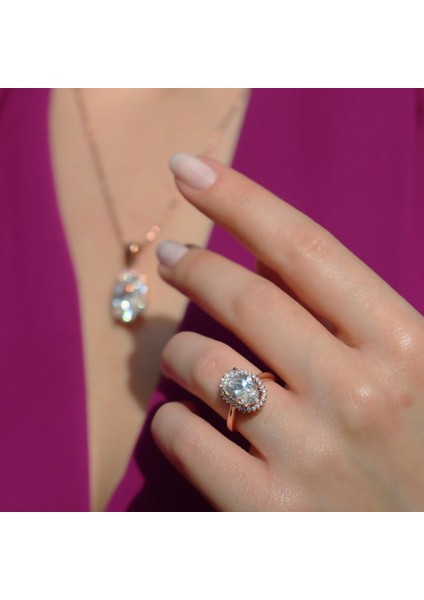 Oval Kesim Tek Taş Model Rose Gold Kaplama 925 Ayar Gümüş Sky Diamond Set fiyatları