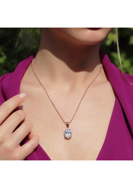 Oval Kesim Tek Taş Model Rose Gold Kaplama 925 Ayar Gümüş Sky Diamond Set modelleri