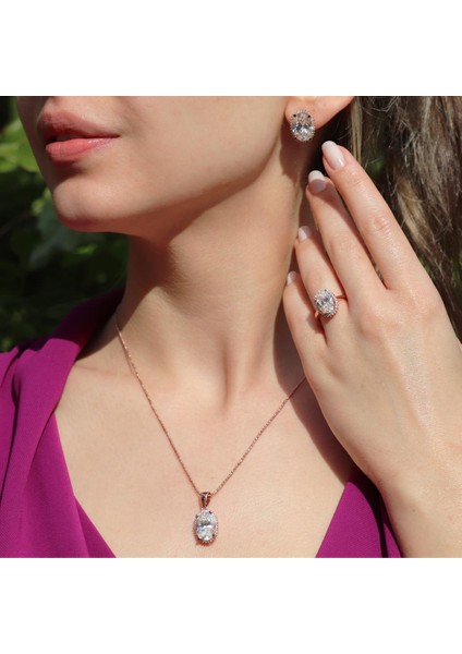 Oval Kesim Tek Taş Model Rose Gold Kaplama 925 Ayar Gümüş Sky Diamond Set